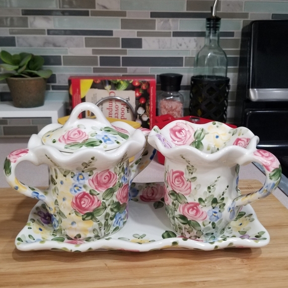 English Garden Creamer Sugar with Lid & Tray Set Tabletops Unlimited Don Swanson - Picture 1 of 13